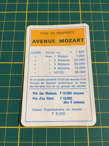 Carte Avenue Mozart pièce détachée Monopoly Miro Parker company #A63