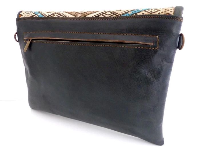 Sac bandoulière NEUF pochette cuir noir pleine fleur tannage naturel & Laine Kilim - Besace ethnique - photo numéro 9