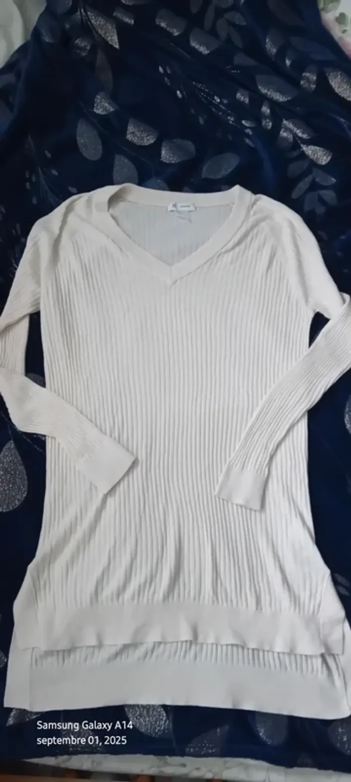 Pull tunique long léger col V manches longues maille côtelée crème femme L la redoute - photo numéro 3