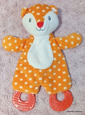Doudou plat renard avec anneaux de dentition