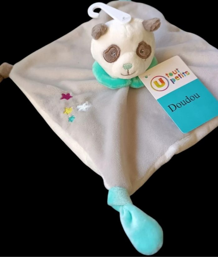 ❤️B324 Doudou Plat ours Panda Gris Blanc Etoiles Tout Petits SYSTEME SUPER U - photo numéro 2