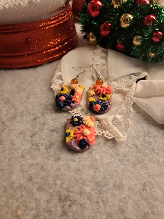 Parrurre boucles d'oreilles et pendentif pâte polymere multicolore florale - photo numéro 6