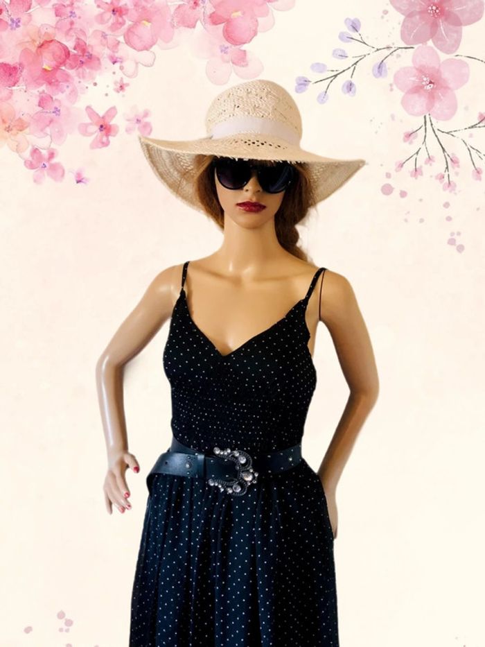 🖤🌿Robe noire pois blancs décolletée vintage 3 Suisses black dress white polka dots🌿🖤 - photo numéro 3