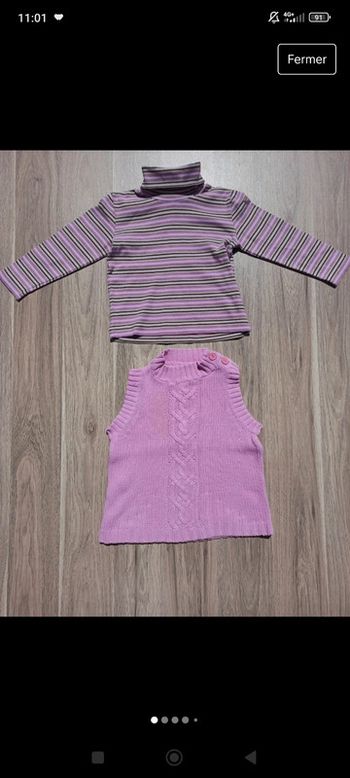 T-shirt col roulé rayé 98%cotton Décathlon et pull sans manches rose 100%cotton 2 ans
