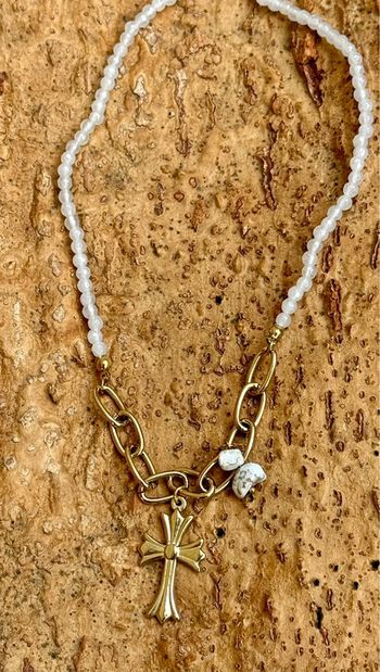 Collier réglable perles jade croix breloques acier inoxydable or