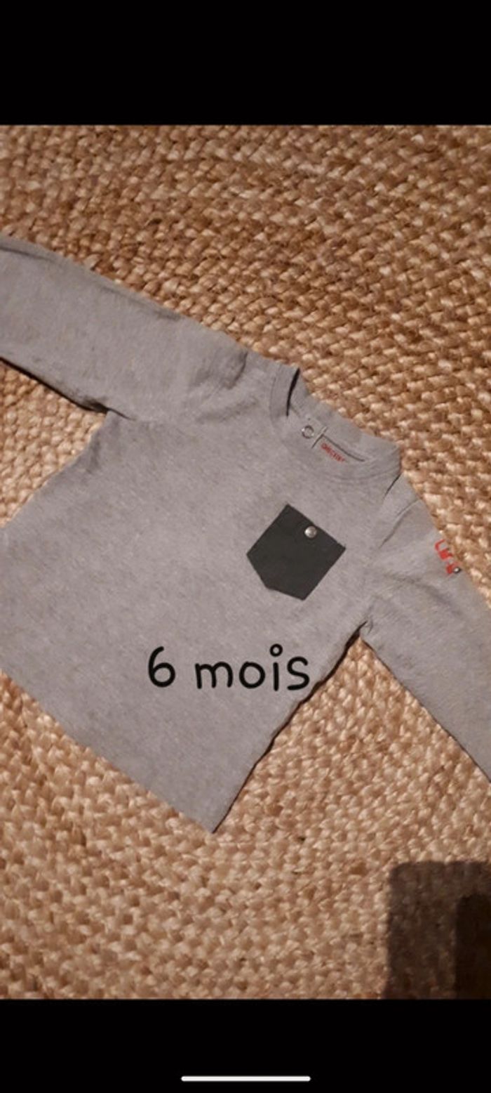 Tee shirt manches longues garçon gris chiné  - 6 mois