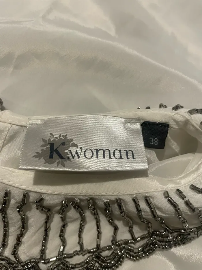 Blouse sans manche débardeur blanc satiné col Claudine à perles argenté K Woman taille 38 - photo numéro 6
