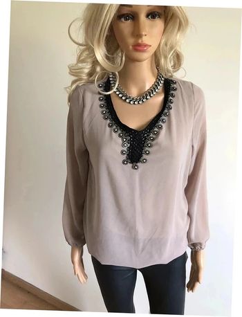 Blouse beige et noire neuve à manches longues avec strass taille unique (taille petit)