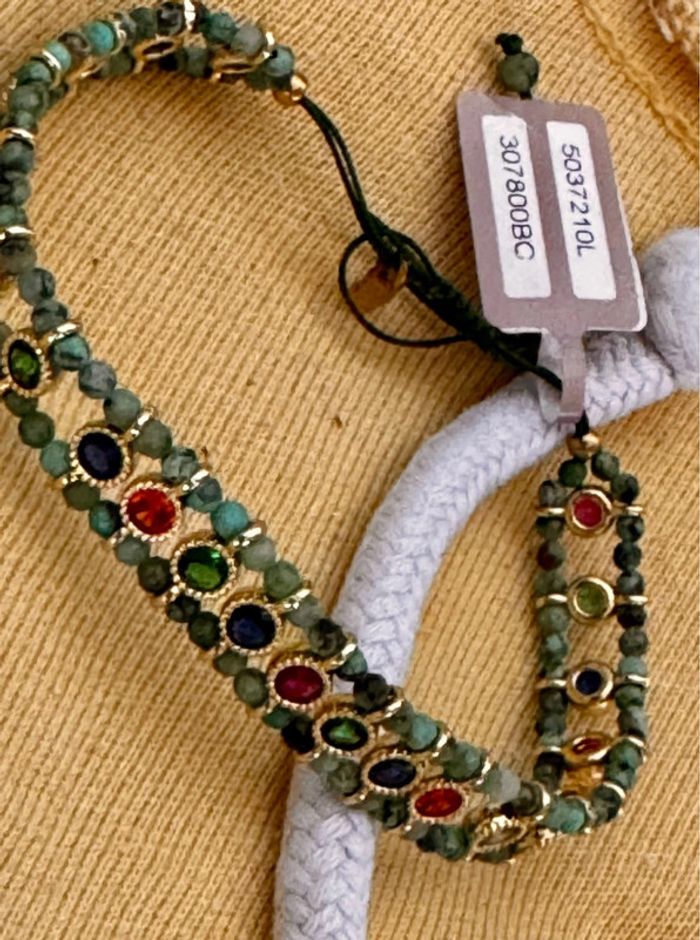 Bracelet manchette réglable acier inoxydable or malachite zircons couleurs habaha Paris - photo numéro 4