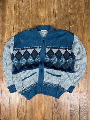 Pull cardigan maille vintage zip-up motifs rayures carreaux multicolore Made in England XXL