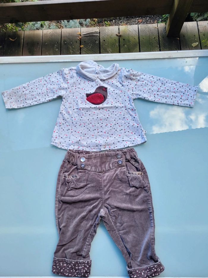 Ensemble Obaïbi, pantalon velours peau de pêche gris/violet, et haut manches longues, 18 mois