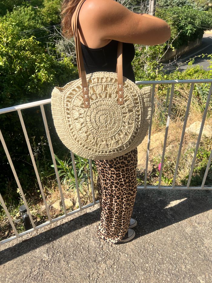 Sac rond en paille - Plage - Beige/crème - photo numéro 4