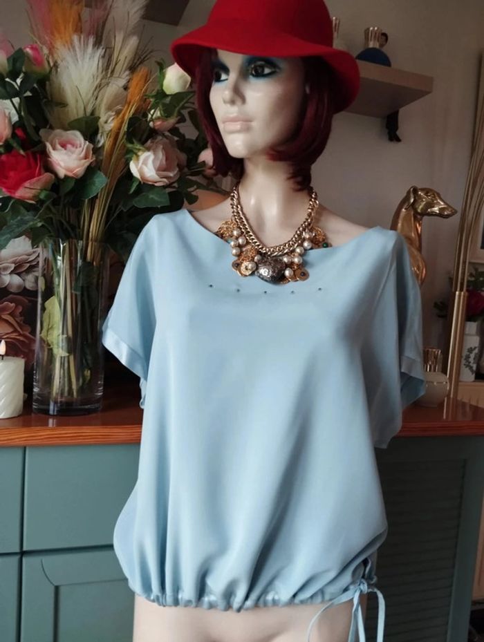 🌹 Ensemble Veste & Top Bleu Pastel Strass & Satin Gérard Pasquier T46/48 Un Petit Défaut🌹 - photo numéro 3