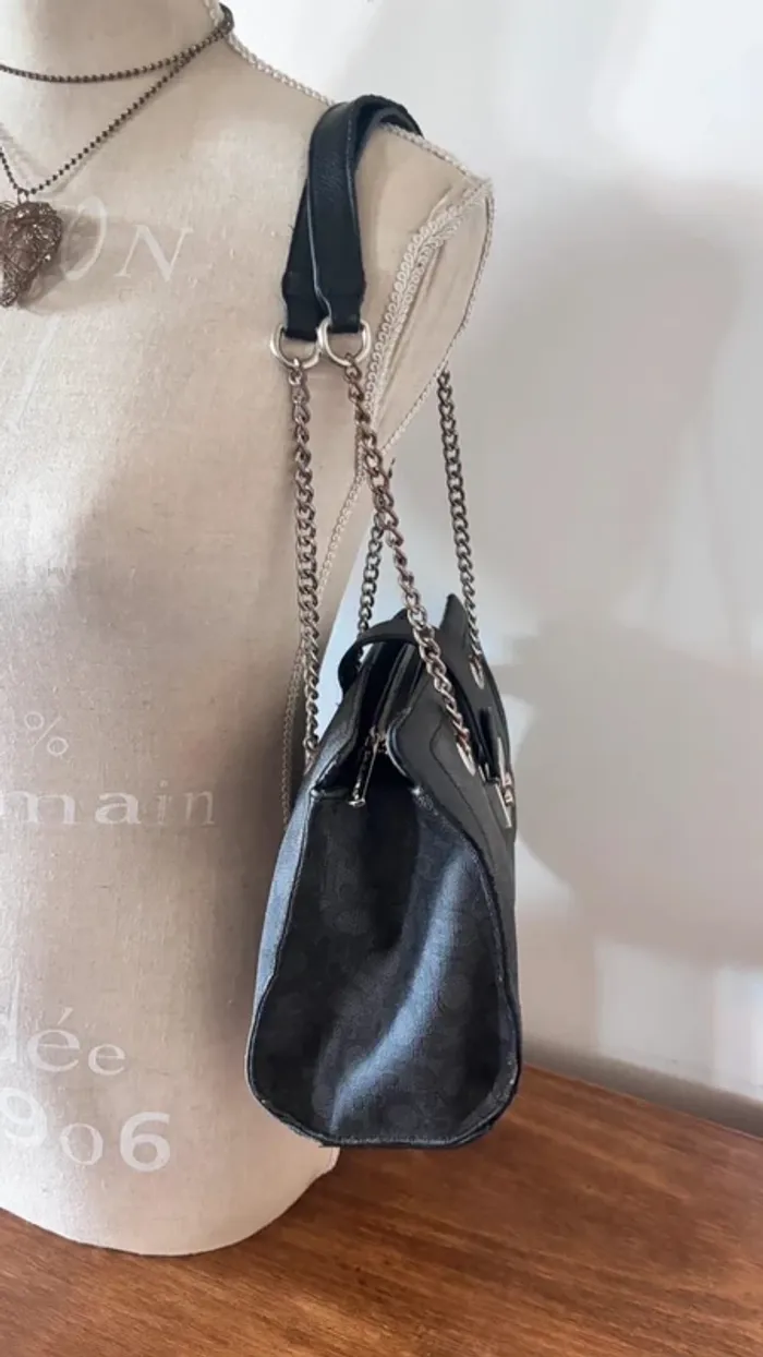 👜 sac à main gris chaîne argenté simili cuir grainé - photo numéro 4