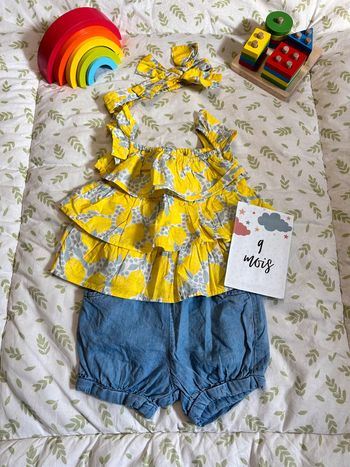 ensemble débardeur imprimé jaune vertbaudet et short bleu jean tissaia 9 mois