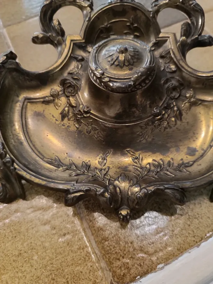 Encrier laiton bronze métal doré vintage ancien - photo numéro 3