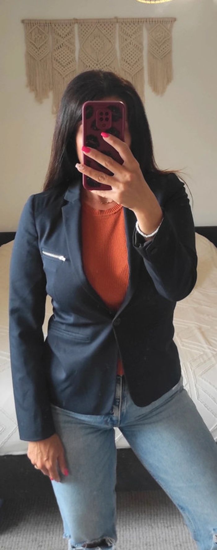 Veste Blazer Caroll bleu marine 38 un bouton poche zip laine, polyester et élasthanne - photo numéro 2