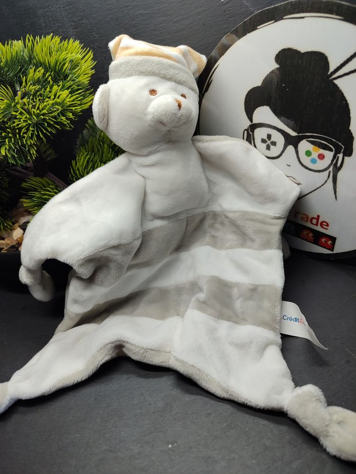 Doudou ours blanc gris marron rayé Crédit Mutuel Bonnet Rayure Beige Noeud - photo numéro 1