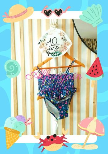 Maillot de bain bleu fleuri neuf 10ans