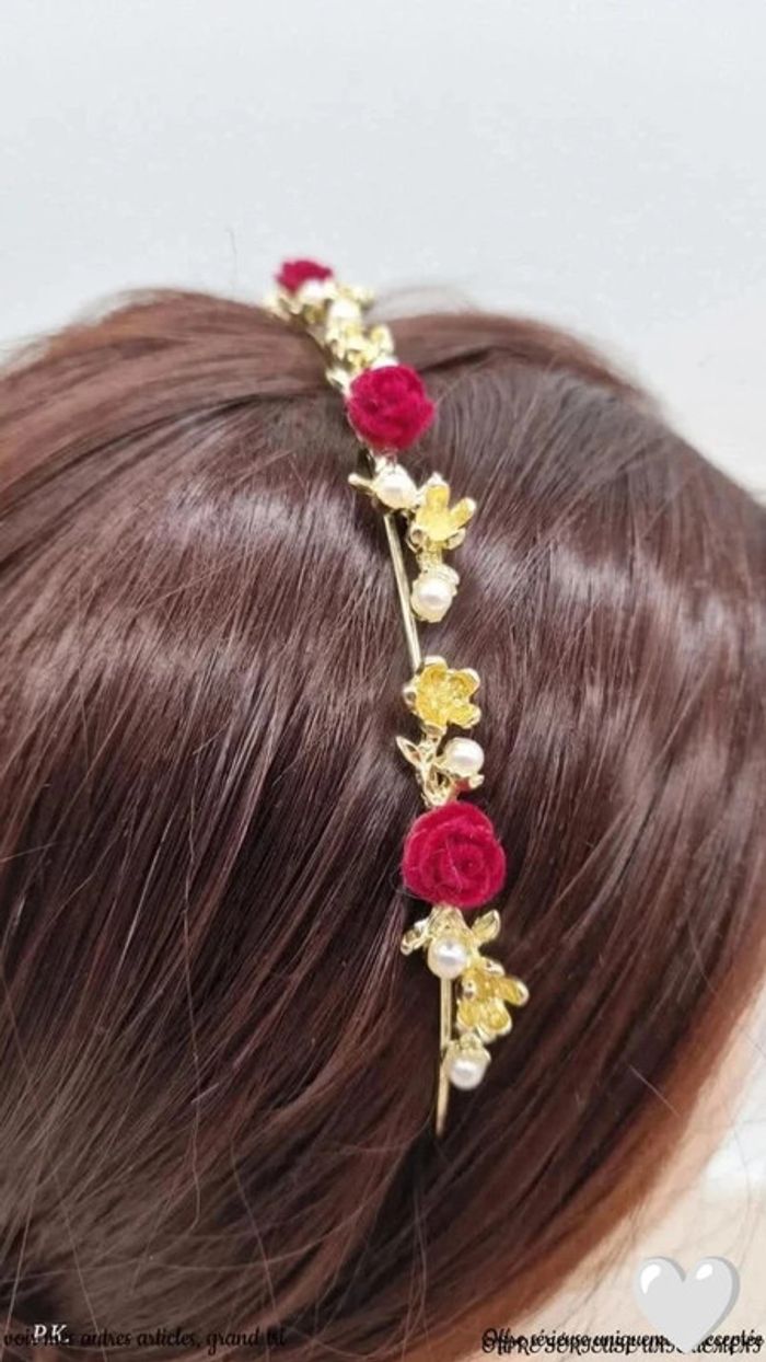 Serre-tête doré fleurs & perles - Accessoire cheveux mariage / cérémonie - photo numéro 2