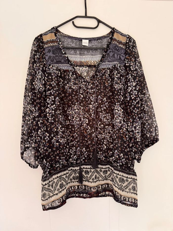 Blouse transparente à motifs fleuris & ethniques – Taille L – Camaïeu