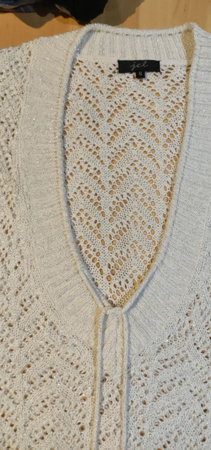 Pull long manches courtes ajouré blanc pailleté - photo numéro 2