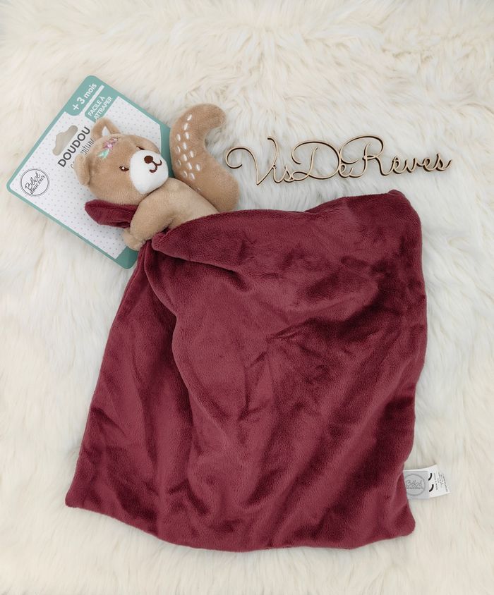 Doudou mouchoir Écureuil Beige Bordeaux Bébé Douceur - photo numéro 3
