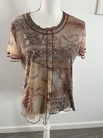 T-shirt elfique médiéval en mesh beige et marron Lewinger Vintage T42 XL