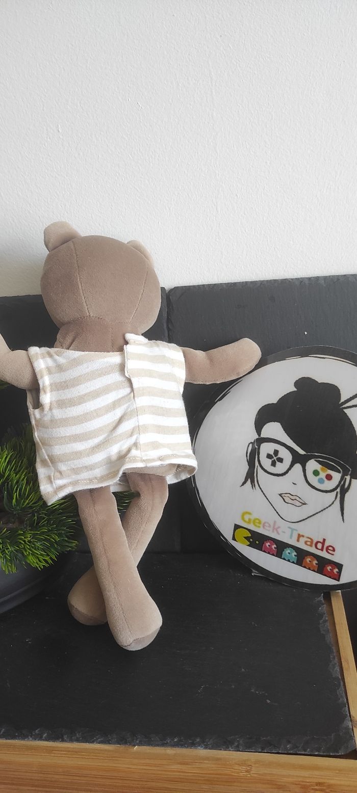 Doudou ours Sucre d'orge marron tee shirt peluche rayé beige bleu Ancien Rayure - photo numéro 2