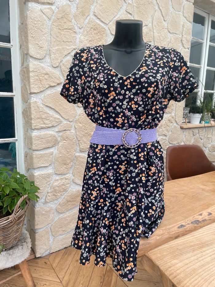Robe bleu marine à fleurs Lila orange été taille L 40 by meg Paris