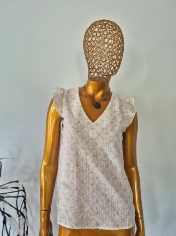 Blouse Manches Courtes Crème et Rose Femme Taille L/40