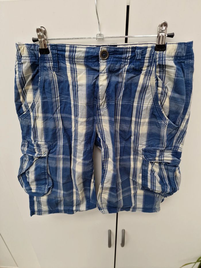 Short Bermuda Cargo Bleu Marine Carreaux Beige - photo numéro 2