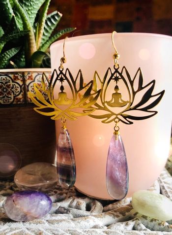 🪷Boucles d’oreilles lotus yoga méditation fluorite spiritual natural stone earrings🪷