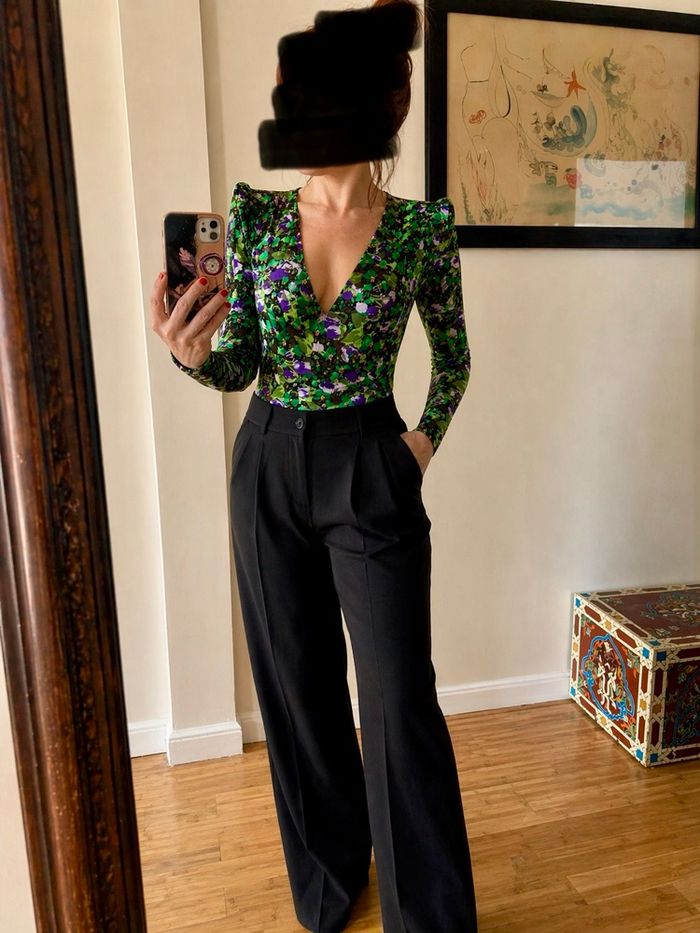 💚body Zara imprimé floral épaules structurées manches bouffantes chic taille S - photo numéro 3