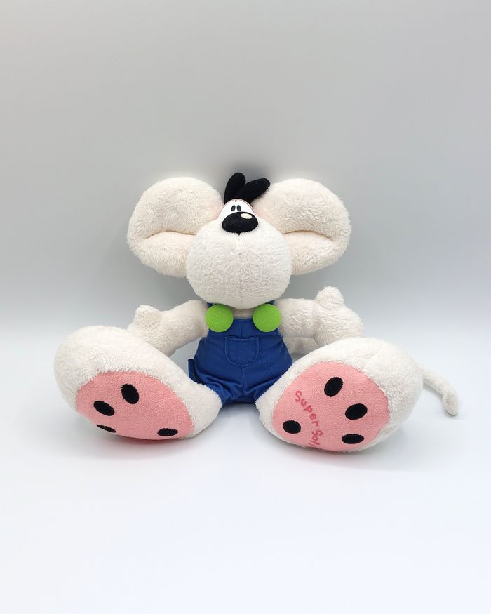 Peluche ancien doudou souris DIDDL DEPESCHE salopette bleu vert Super soft 25 cm
