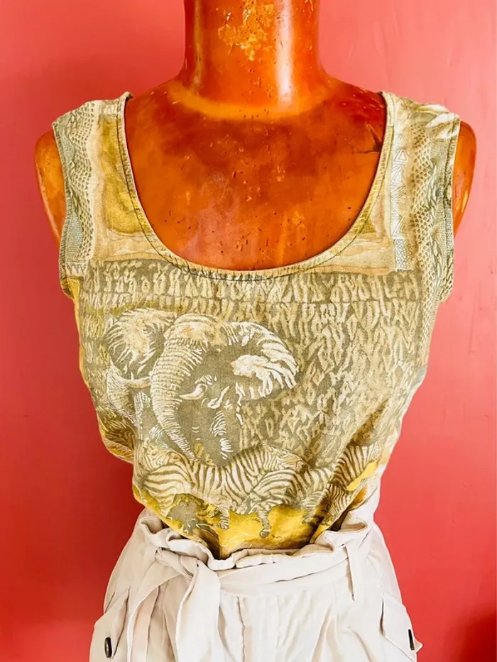 Joli débardeur à motifs kaki et moutarde, en coton vintage - photo numéro 3