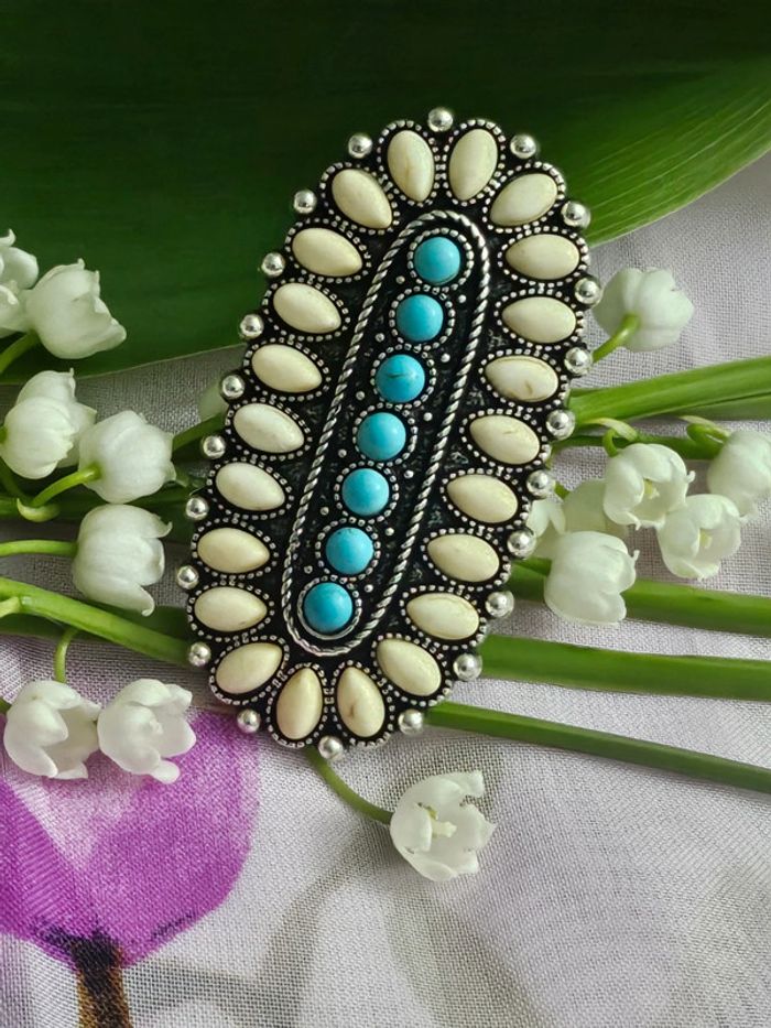Bague ajustable avec ses pierres howlite et turquoise en acier inoxydable - photo numéro 3