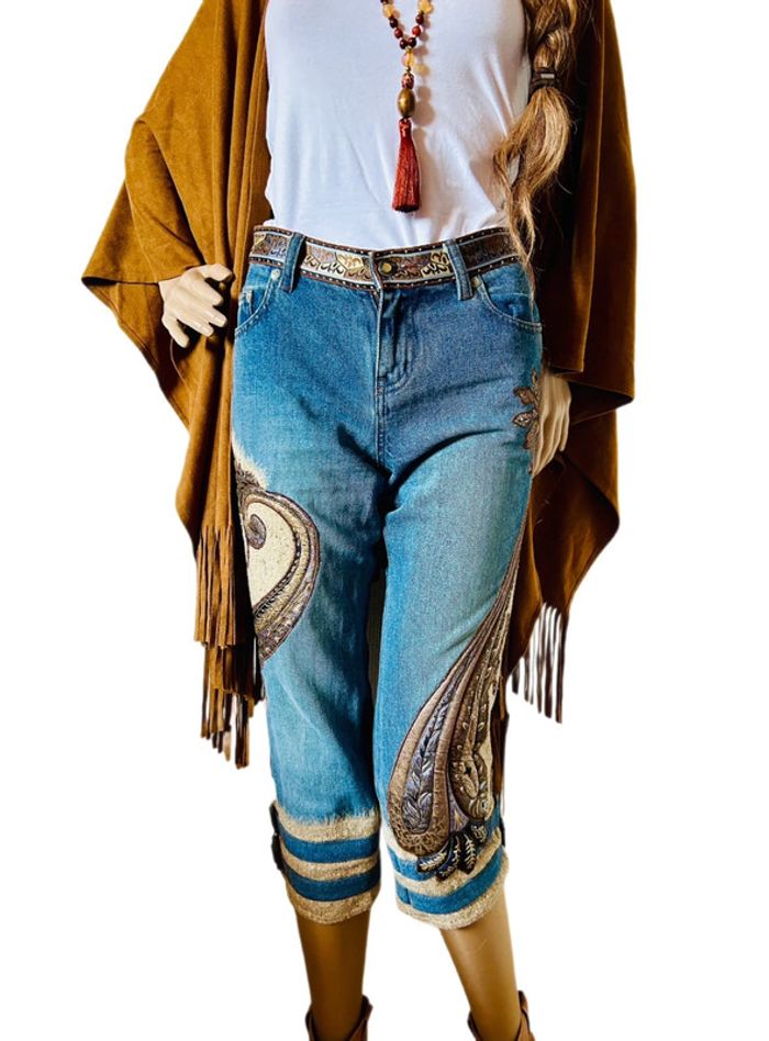 🤎🌿Jean court vintage folk hippie boho 70´s style floral paisley cropped jeans🌿🤎 - photo numéro 5