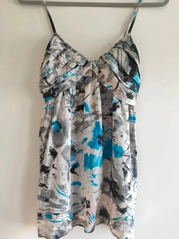 Superbe débardeur soie Naf Naf bleu et gris Monet - photo numéro 2