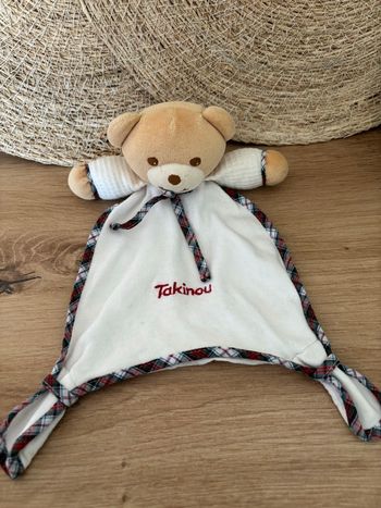 Doudou plat ours blanc bord carreaux écossais takinou 