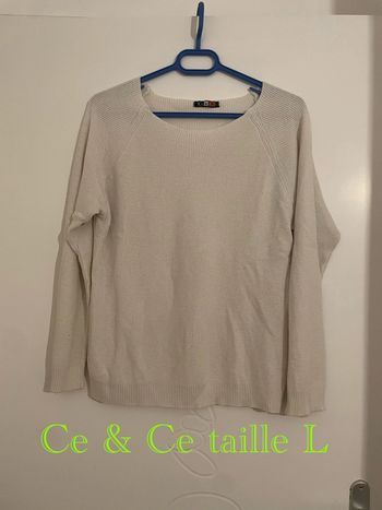 Pull à manches longues blanc uni col rond extensible Ce & Ce taille L
