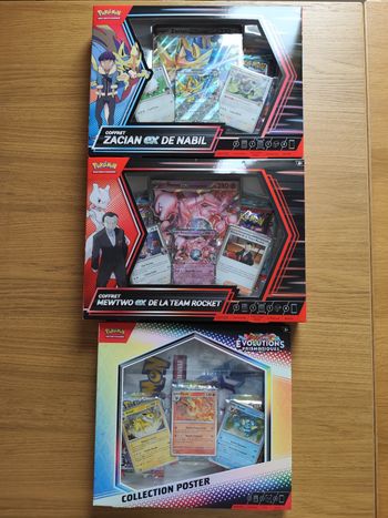 Lot coffrets cartes Pokémon Mewtwo Rocket Zacian ex de Nabil collection poster évolutions Prismatiques EV10 EV9