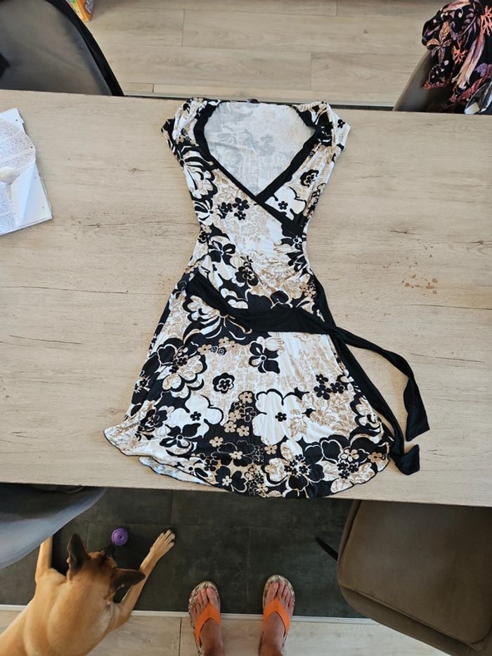 Robe courte à manches courtes noire, blanche et beige, Dixit, M - photo numéro 2