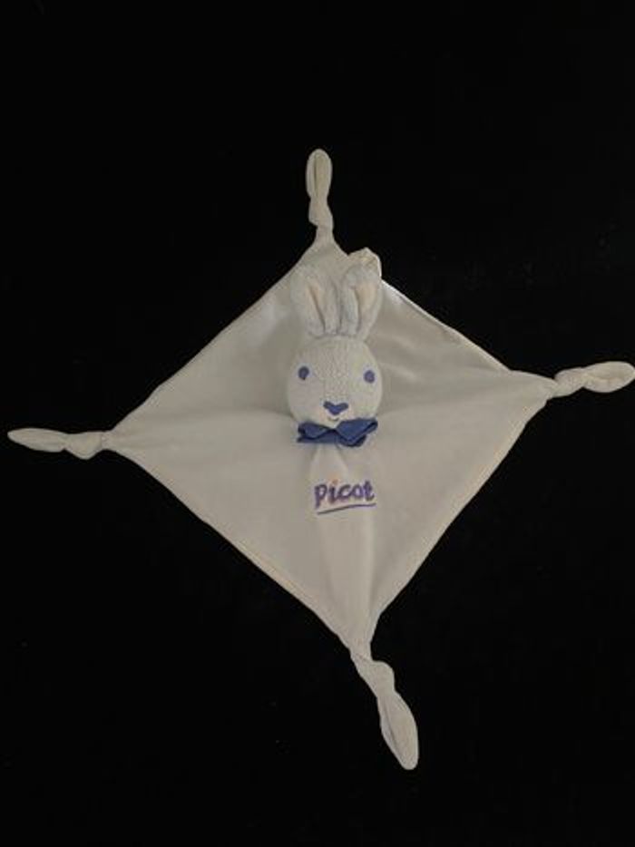 B5962❤️Doudou plat mouchoir  lapin picot bleu blanc