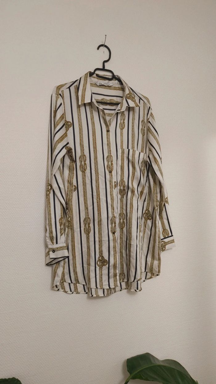 Magnifique chemise blouse satin motif doré corde rayure rayé bouton old money - photo numéro 3