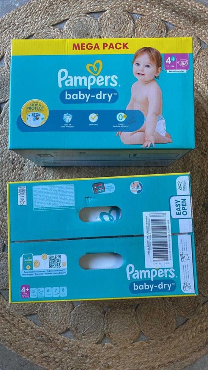 2 cartons de 86 couches Pampers baby-dry 4 plus (4+) 10-15kg extra absorption. - photo numéro 2