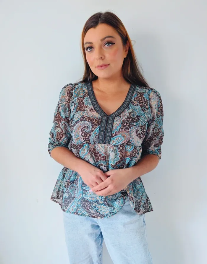 Blouse légère transparente bohème hippie imprimé cachemire bleu Cache-cache Taille 38 - photo numéro 3