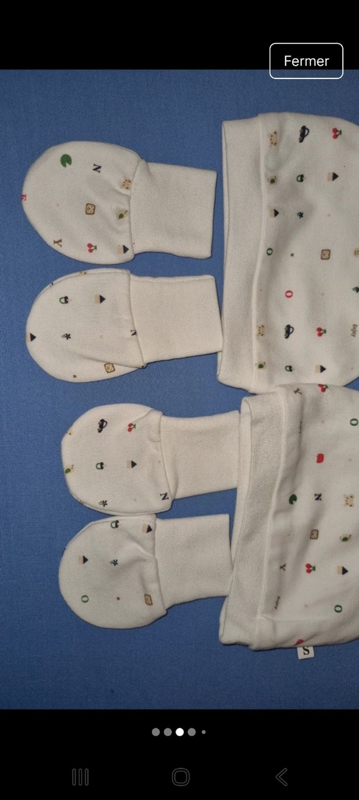Lot bonnet + gants naissance mixte neuf - photo numéro 3