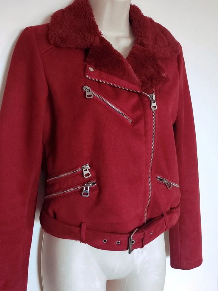 Perfecto blouson veste daim col fourrure rouge foncé / Pimkie - 36/S à 38/M - photo numéro 8