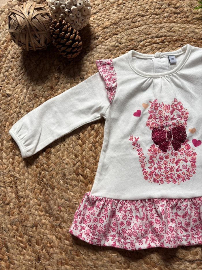 🌺Tunique blanche et rose manche longue au chat fleuris Taille 6mois/68cm🌺 - photo numéro 3